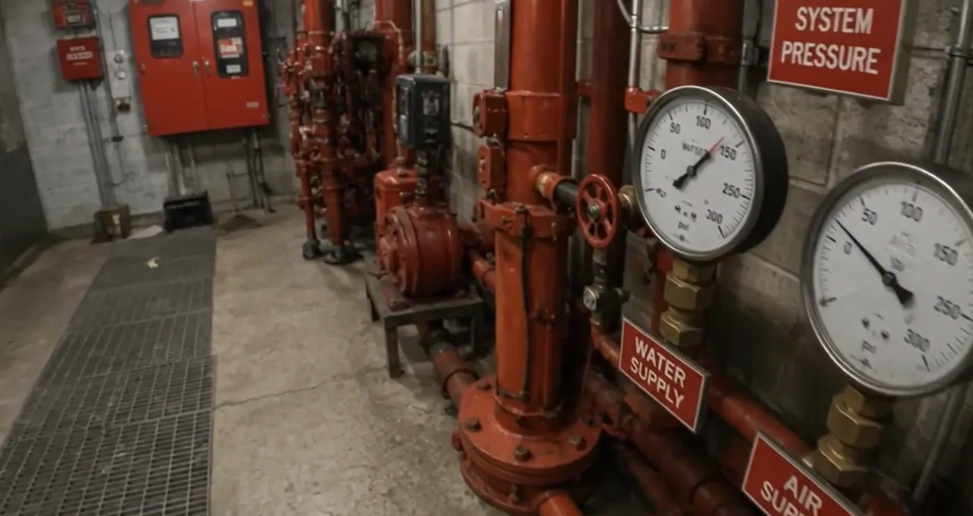 Captured frame: mechanical room with water and air pressure gauges